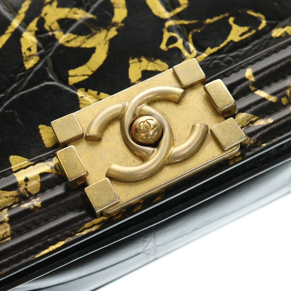 CHANEL(シャネル) ボーイシャネル25 グラフティ クロコ型押し チェーンショルダーバッグ ブラック×ゴールド レザー ゴールド金具