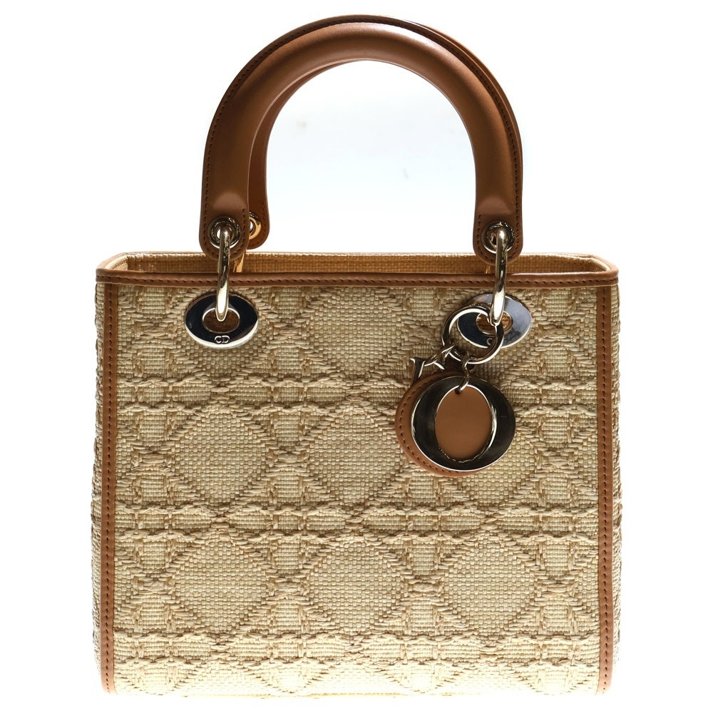 Christian Dior(クリスチャンディオール) Lady Dior レディディオール ミディアム ベージュ ラフィア ハンドバッグ 2wayショルダーバッグ シルバー金具