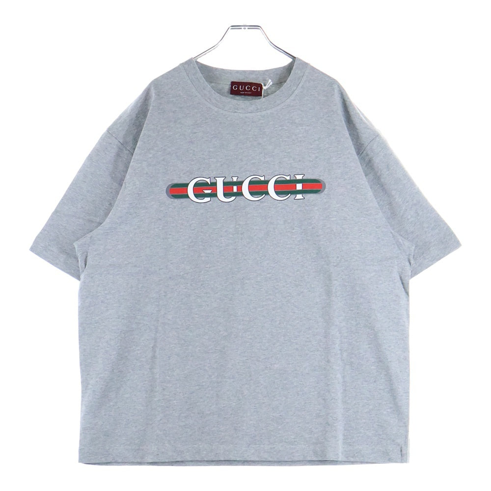 GUCCI(グッチ) 25SS ウェブストライプ ロゴプリントクルーネック半袖Tシャツカットソー グレー 784361 XJGM9