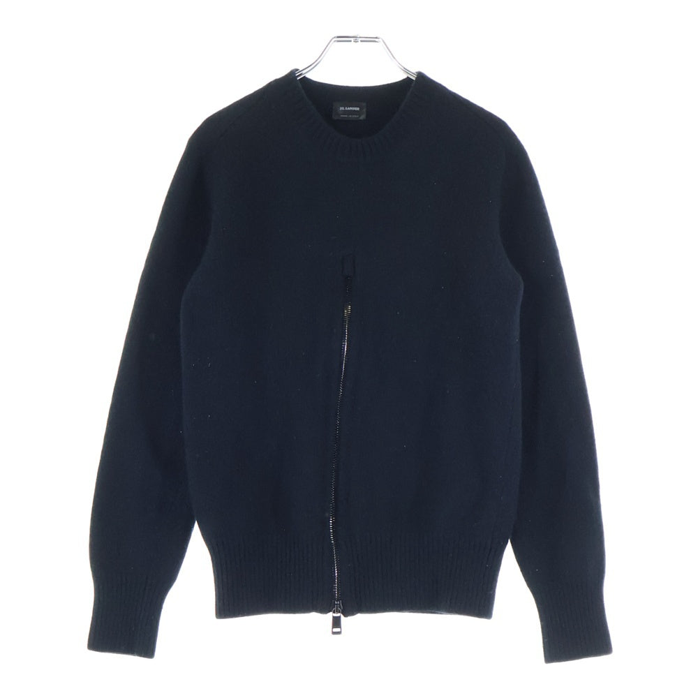 JIL SANDER(ジルサンダー) フロントジップ デザイン カシミヤ混 ウール クルーネック プルオーバー 長袖ニット セーター ブラック NM751118MY21016842