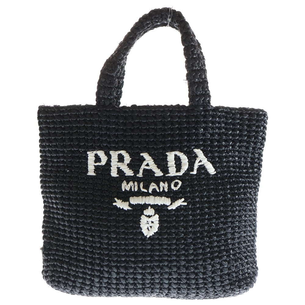 PRADA(プラダ) スモール クロシェ ロゴ ハンドバッグ ミニトートバッグ カゴバッグ ブラック ストロー レディース