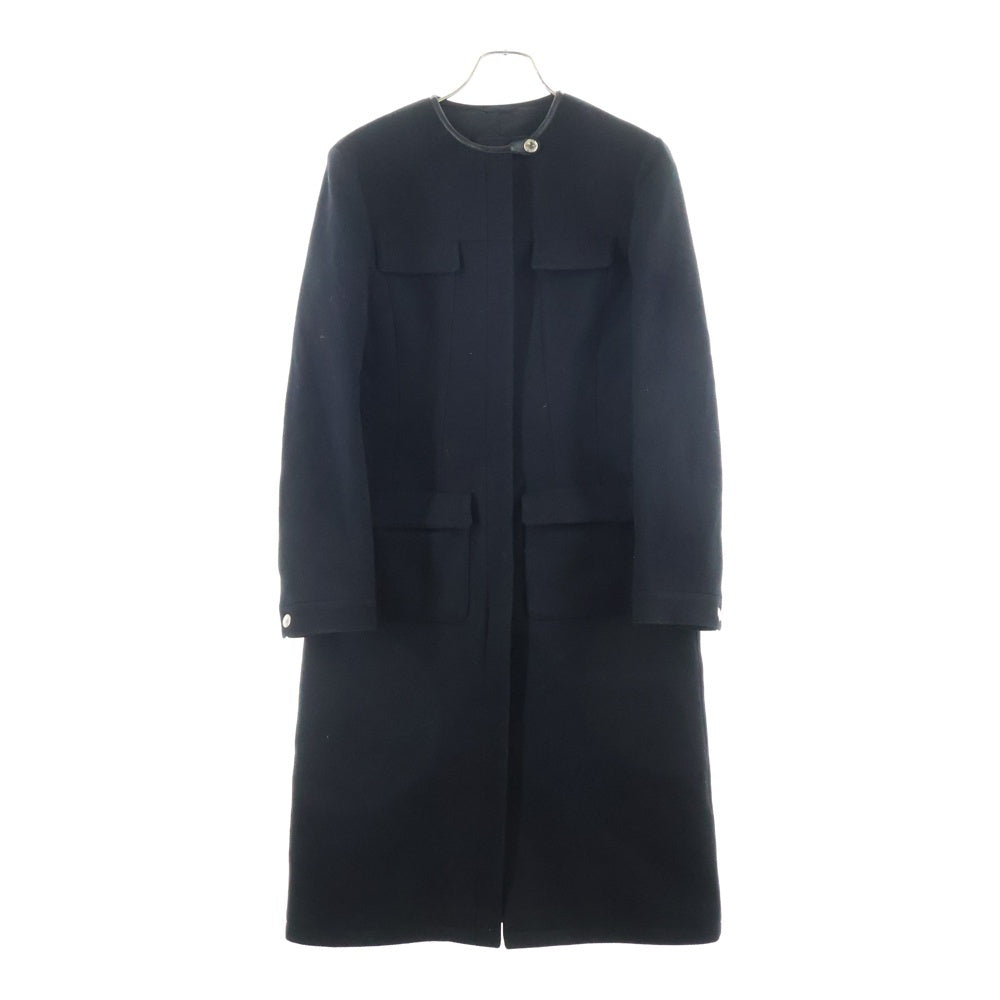 PRADA(プラダ) レザートリム メルトンウール ノーカラー ジップアップ コート ブラック レディース