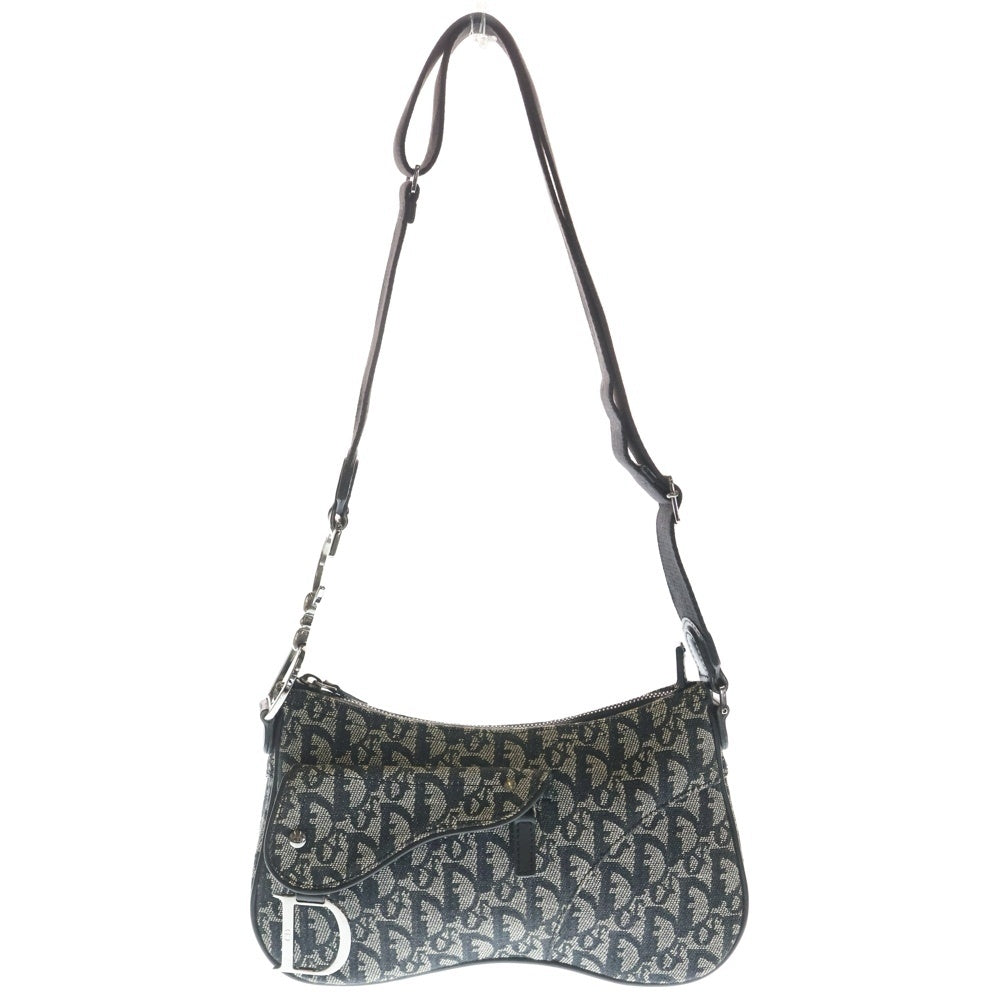 DIOR(ディオール) サドル ショルダーバッグ ネイビー レザー×キャンバス シルバー金具 レディース