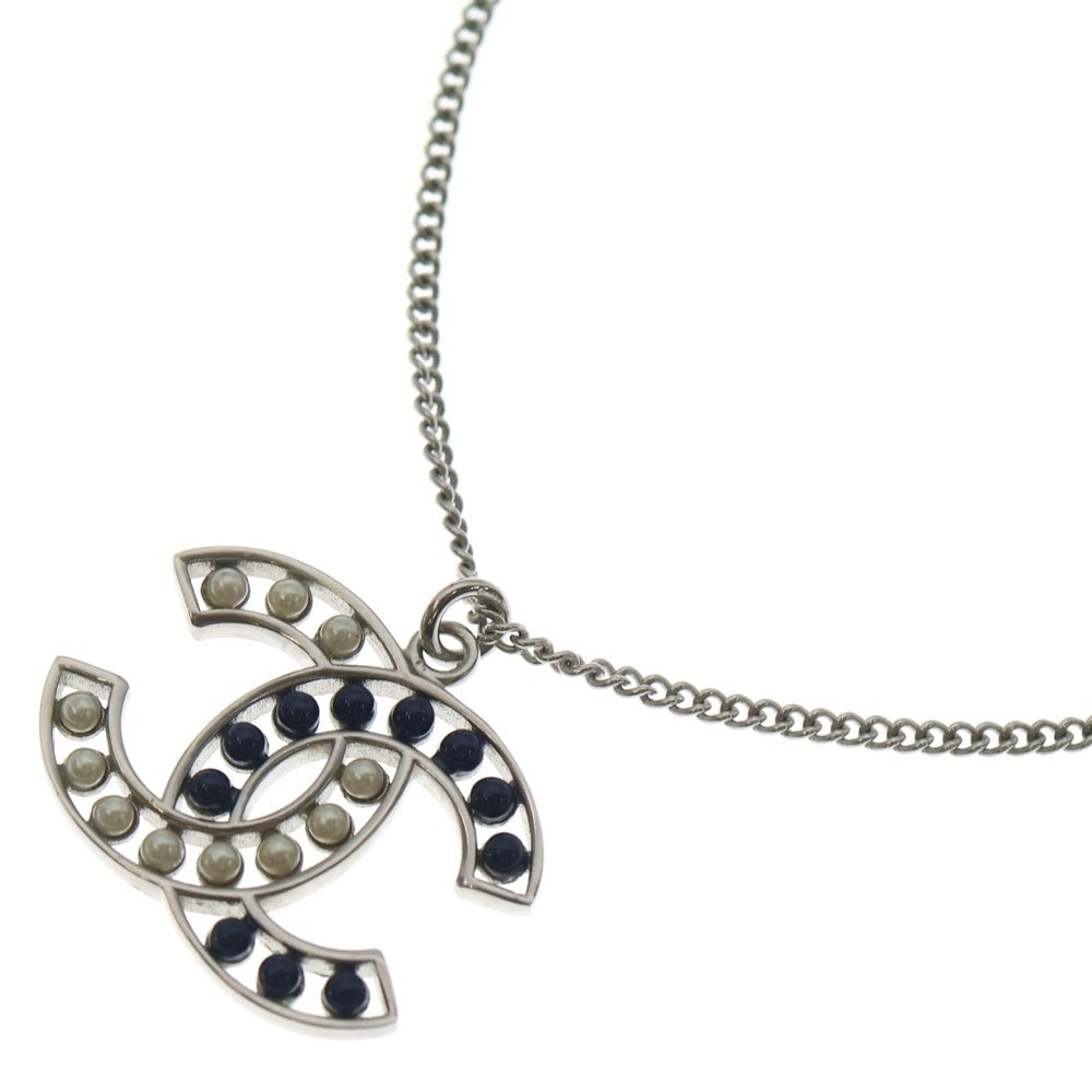 CHANEL(シャネル) ココマーク パール ペンダント ネックレス チェーン シルバー×ホワイト×ネイビー レディース