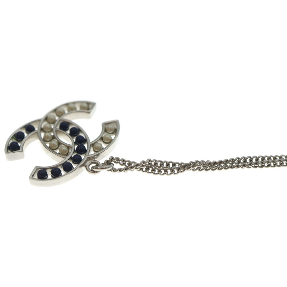 CHANEL(シャネル) ココマーク パール ペンダント ネックレス チェーン シルバー×ホワイト×ネイビー レディース