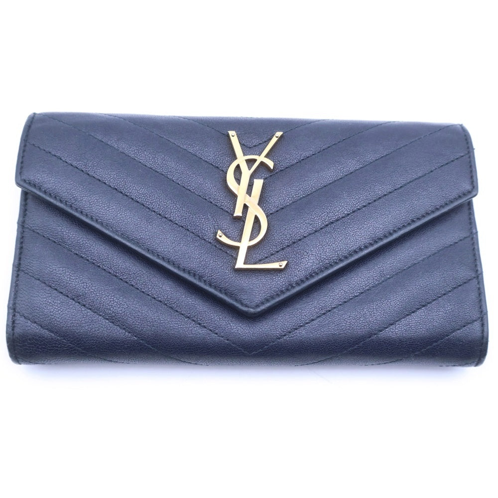 SAINT LAURENT PARIS(サンローランパリ) カサンドラ ロングウォレット 長財布 カードケース ネイビー レザー 372264 ゴールド金具 レディース