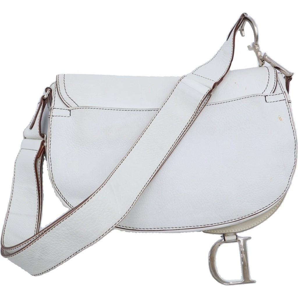 Christian Dior(クリスチャンディオール) サドル ステッチ ショルダーバッグ ホワイト レザー シルバー金具 レディース