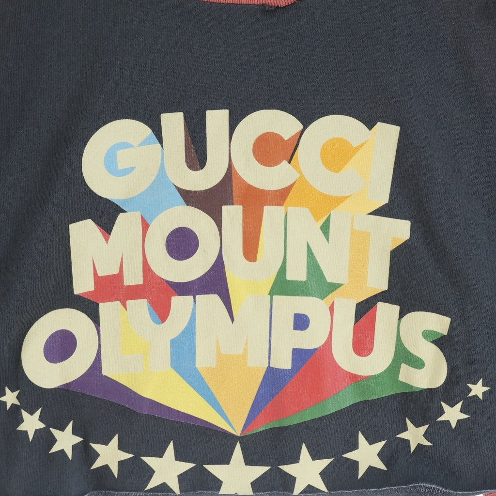GUCCI(グッチ) Mount Olympus マウントオリンパス ロゴプリント ダメージ加工 ラグランスリーブ クロップド 5分袖 Tシャツ カットソー レッド/ブラック 653290 レディース