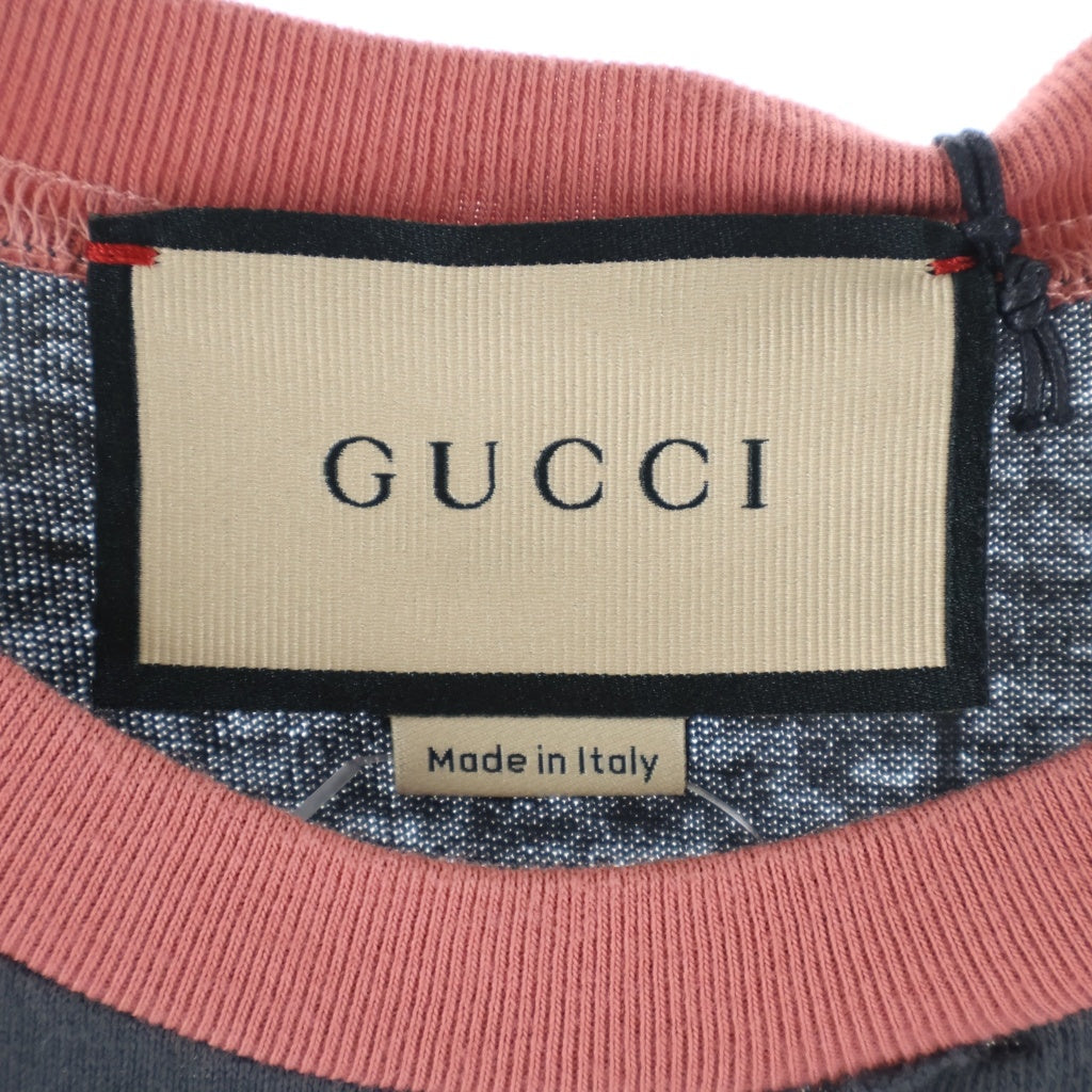 GUCCI(グッチ) Mount Olympus マウントオリンパス ロゴプリント ダメージ加工 ラグランスリーブ クロップド 5分袖 Tシャツ カットソー レッド/ブラック 653290 レディース