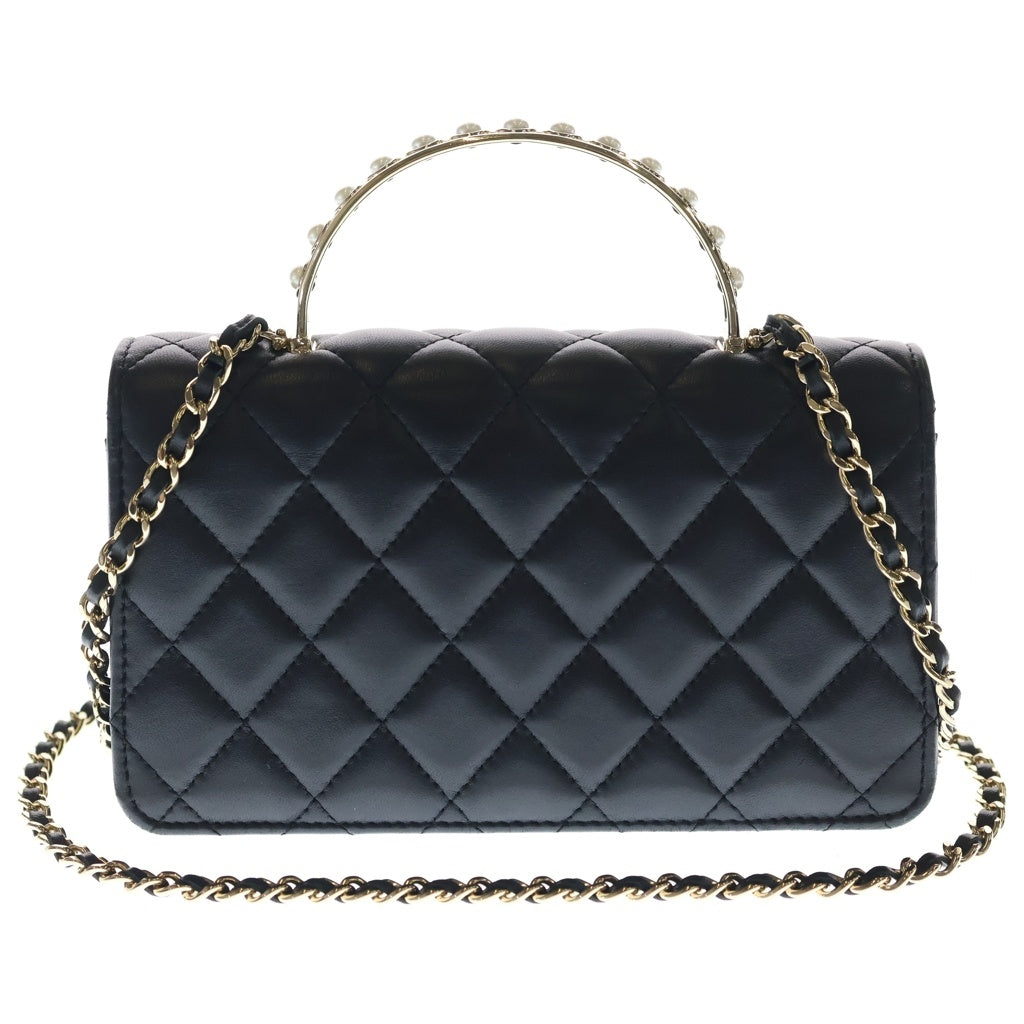 CHANEL(シャネル) マトラッセ ココハンドル チェーンウォレット パールハンドル ショルダーバッグ ミニバッグ ブラック ラムスキン ゴールド金具 レディース