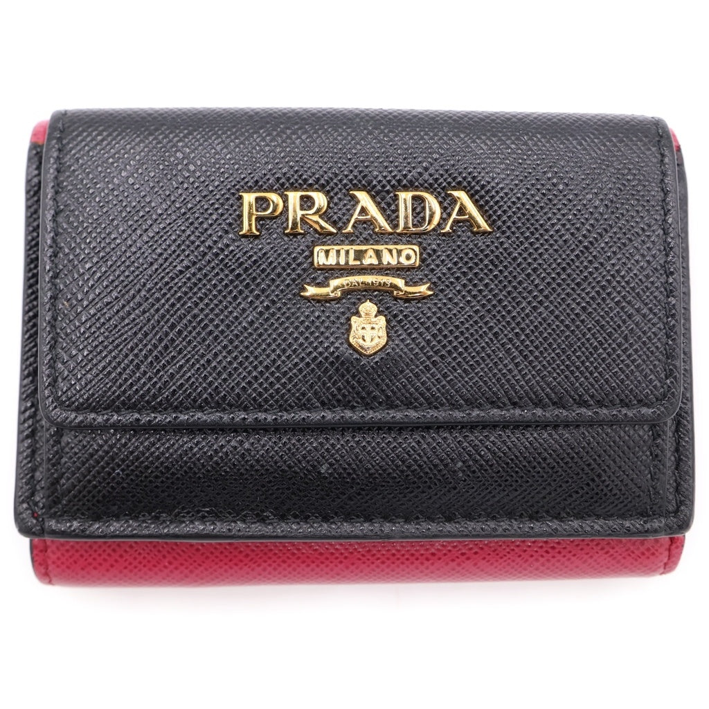 PRADA(プラダ) サフィアーノ 三つ折り財布 コンパクトウォレット コインケース ブラック×ピンク レザー 1MH021 ゴールド金具 レディース