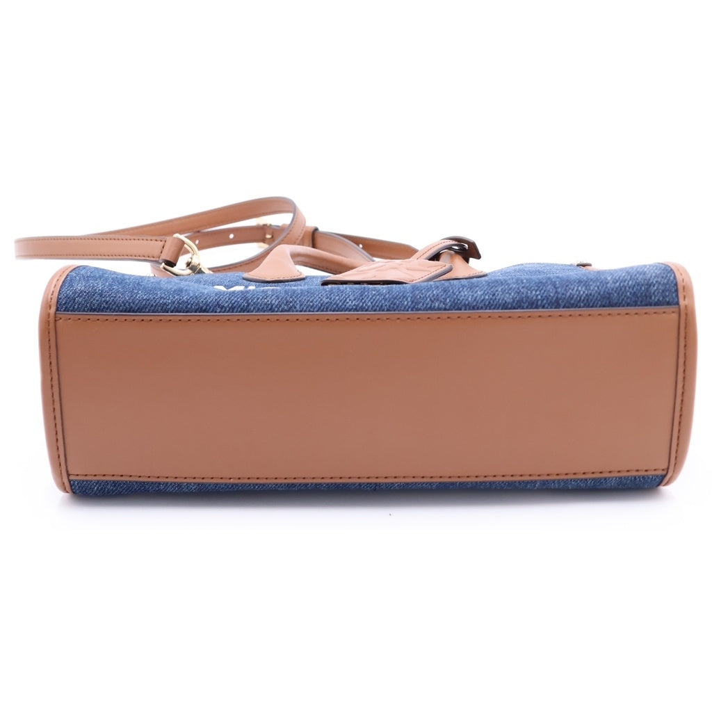 MICHAEL KORS(マイケルコース) ロゴプリント デニム レザー 2WAY ハンド ショルダーバッグ ゴールド金具 インディゴ/ブラウン レディース