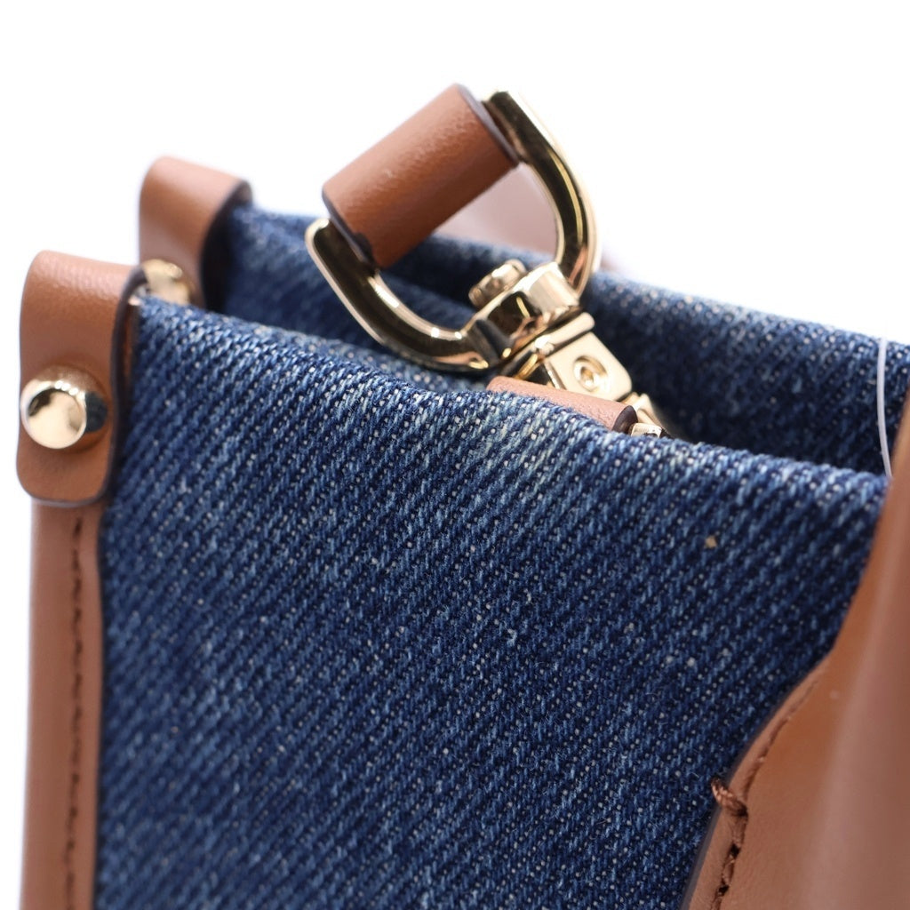 MICHAEL KORS(マイケルコース) ロゴプリント デニム レザー 2WAY ハンド ショルダーバッグ ゴールド金具 インディゴ/ブラウン レディース