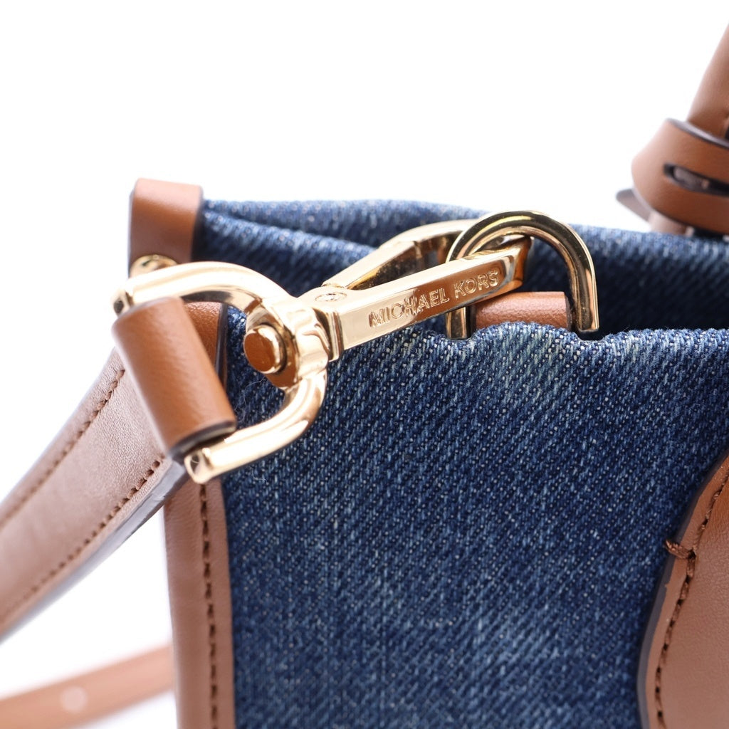 MICHAEL KORS(マイケルコース) ロゴプリント デニム レザー 2WAY ハンド ショルダーバッグ ゴールド金具 インディゴ/ブラウン レディース
