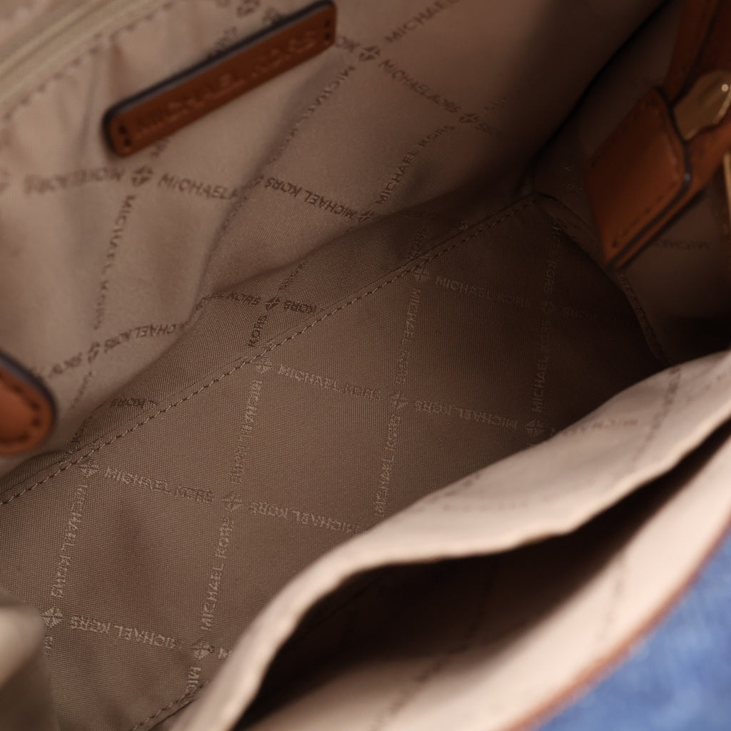 MICHAEL KORS(マイケルコース) ロゴプリント デニム レザー 2WAY ハンド ショルダーバッグ ゴールド金具 インディゴ/ブラウン レディース