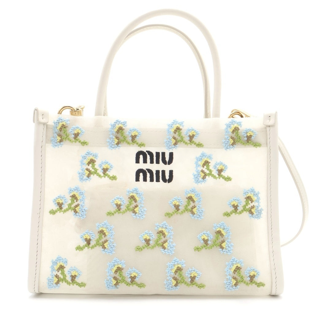 miumiu(ミュウミュウ) フラワー 刺繍メッシュバッグ ハンドバッグ ショルダーバッグ ホワイト×ブルー レザー 5BA310 レディース
