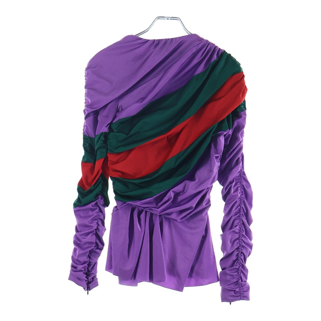 GUCCI(グッチ) ×BALENCIAGA バレンシアガ ブローチエンべリッシュ シェリーライン ストライプ ギャザー ブラウス トップス ドレス パープル/グリーン レディース 677041