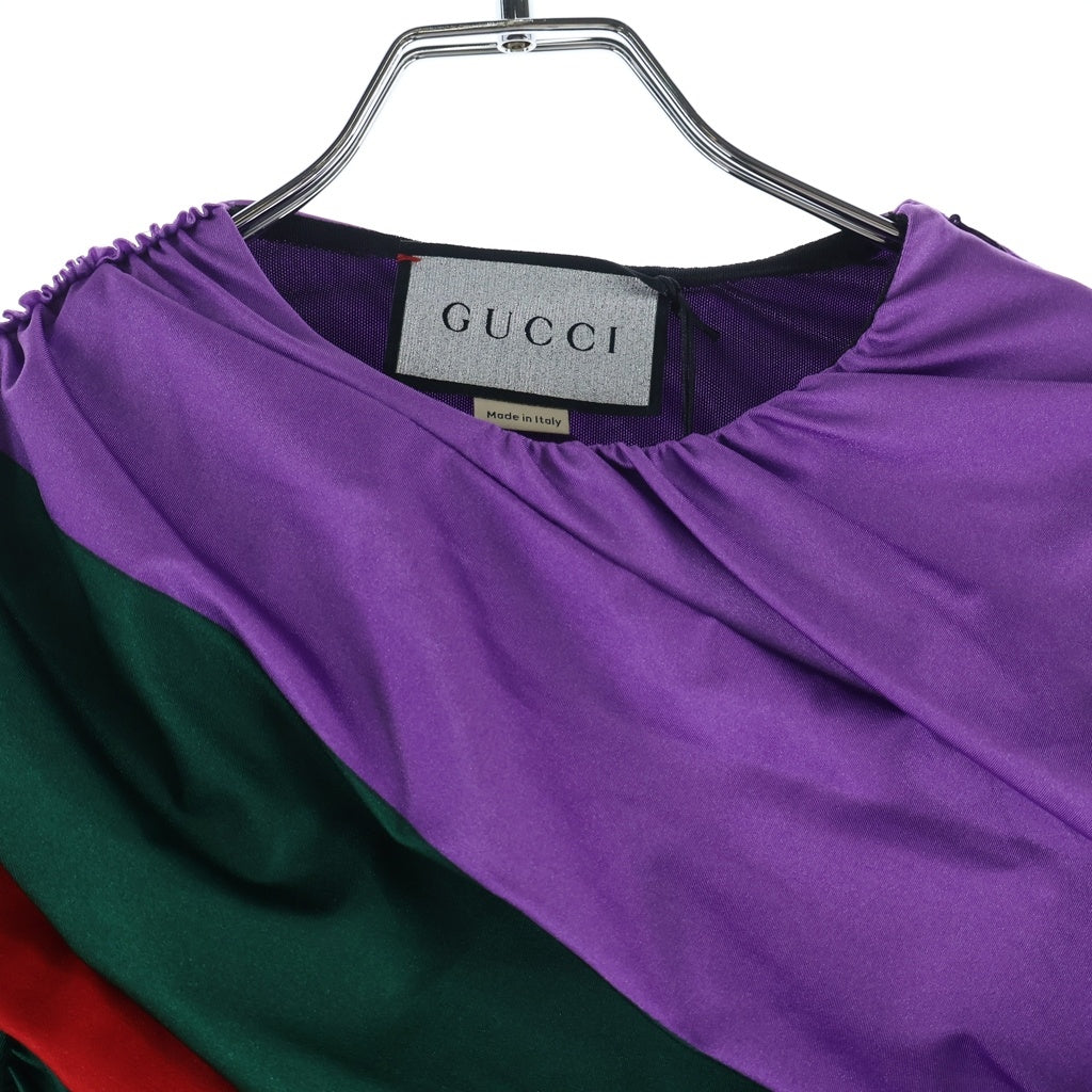 GUCCI(グッチ) ×BALENCIAGA バレンシアガ ブローチエンべリッシュ シェリーライン ストライプ ギャザー ブラウス トップス ドレス パープル/グリーン レディース 677041