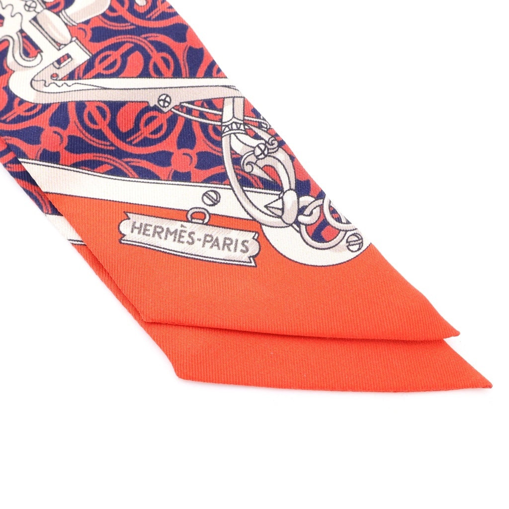 HERMES(エルメス) ツイリー 馬銜と鎖 シルクスカーフ レッド×ネイビー レディース