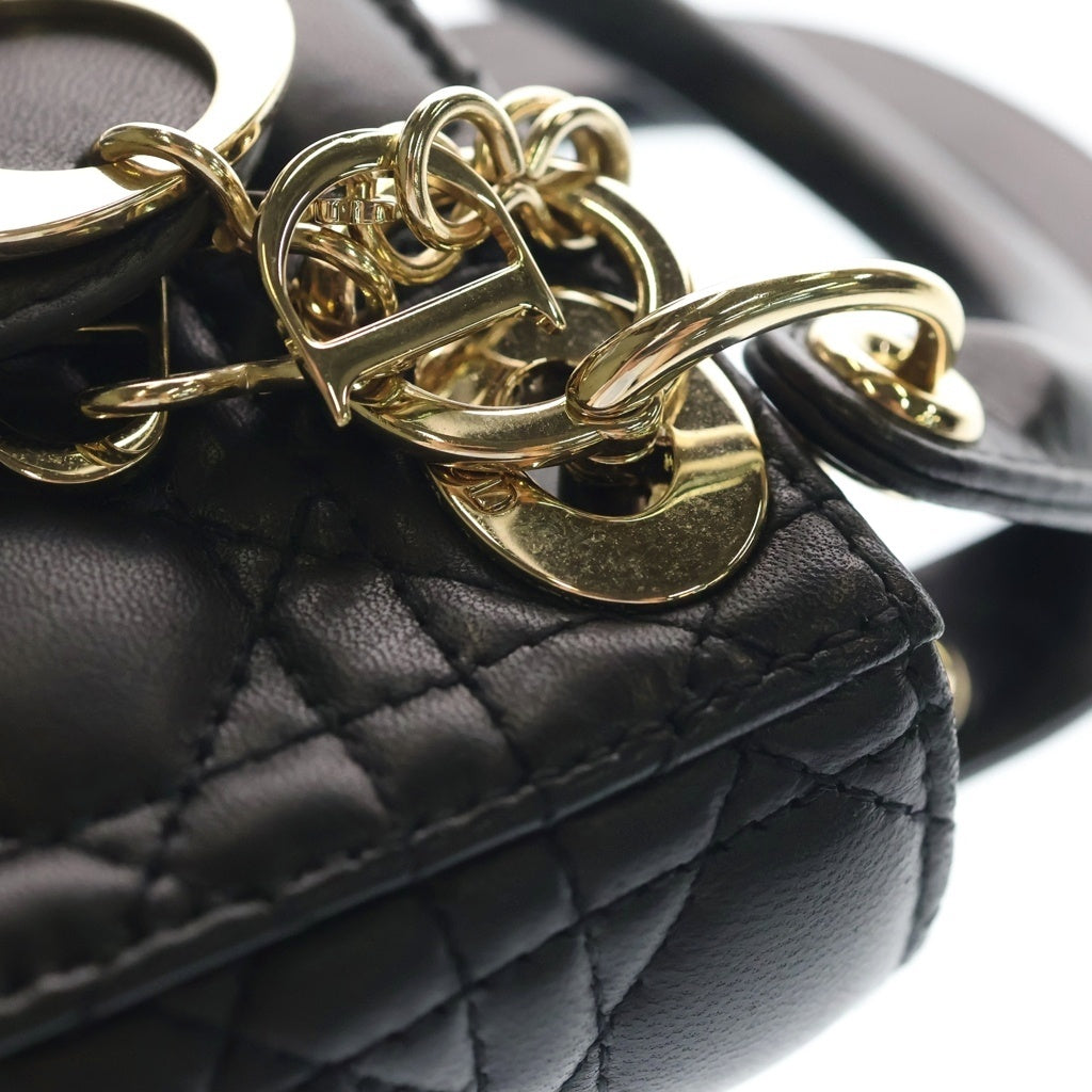 Christian Dior(クリスチャンディオール) レディディオール カナージュ マイクロ レザー 2WAYハンドバッグ ショルダーバッグ ブラック レザー ゴールド金具 レディース