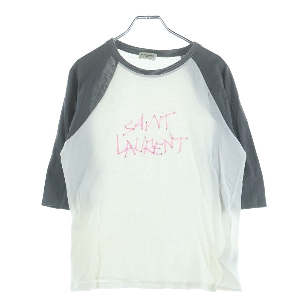 SAINT LAURENT PARIS(サンローランパリ) フロントロゴプリント コットン ラグラン スリーブ 半袖 Tシャツ カットソー ピリング加工 #L ホワイト/グレー 527674 レディース