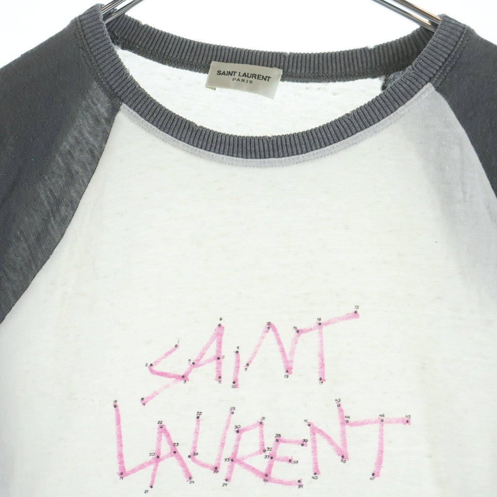 SAINT LAURENT PARIS(サンローランパリ) フロントロゴプリント コットン ラグラン スリーブ 半袖 Tシャツ カットソー ピリング加工 #L ホワイト/グレー 527674 レディース