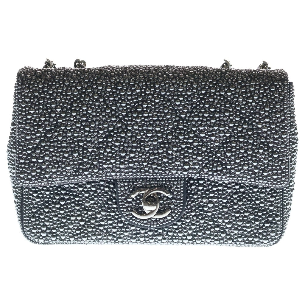 CHANEL(シャネル) パール イヴニング マトラッセ ラムスキン レザー Sフラップ Wチェーン ショルダーバッグ シルバー金具 ブラック プレート レディース