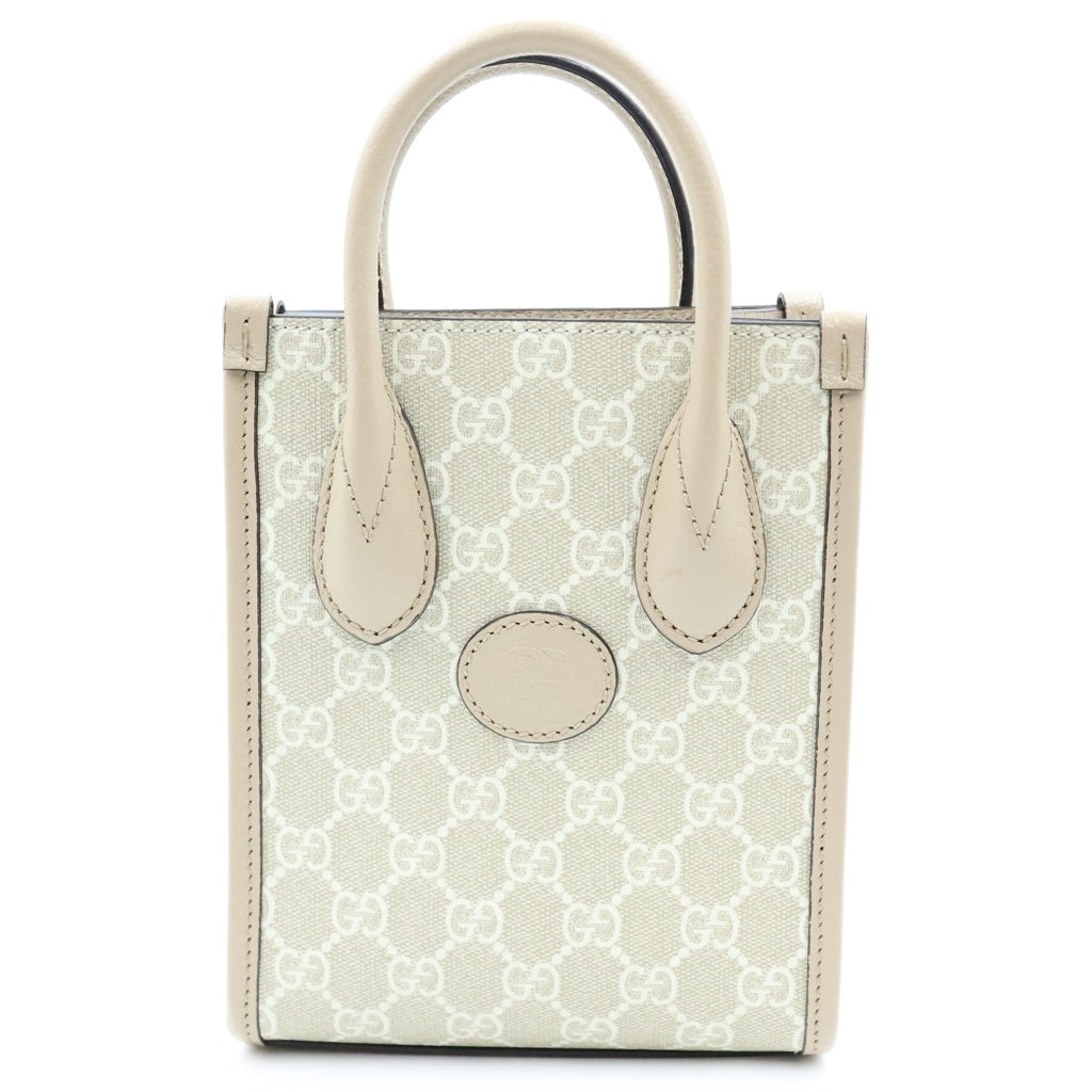 GUCCI(グッチ) グッチ インターロッキングG ミニトートバッグ ショルダーバッグ ベージュ ホワイト キャンバス×レザー 671623 ゴールド金具 レディース