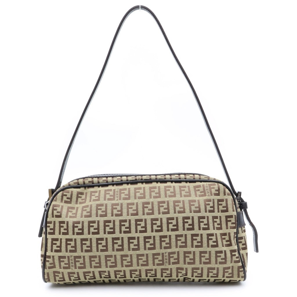 FENDI(フェンディ) ズッキーノ ショルダーバッグ ブラウン レザー×キャンバス シルバー金具 レディース