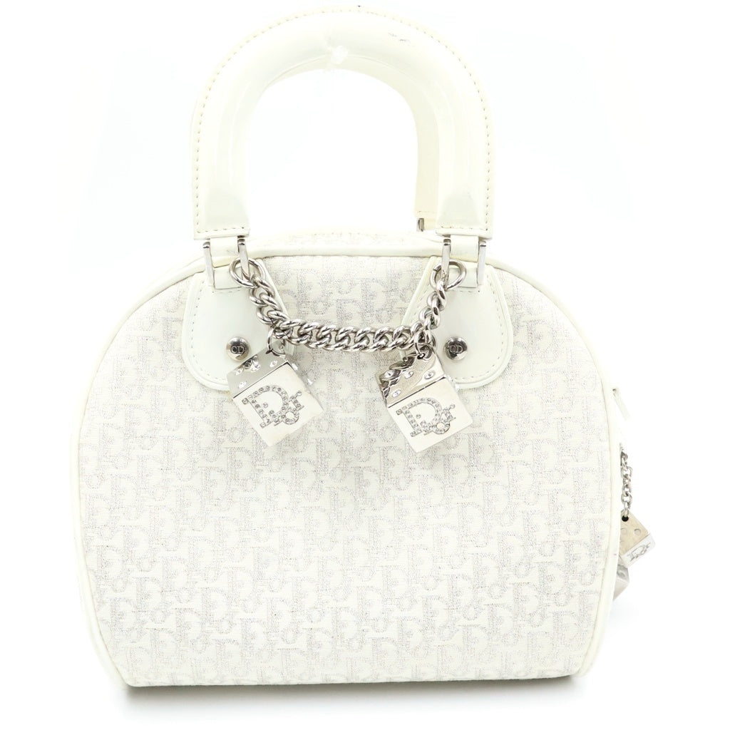 Christian Dior(クリスチャンディオール) ギャンブラーダイス トロッター ハンドバッグ アイボリー キャンバス×レザー ラインストーン 01-MA-0094 レディース