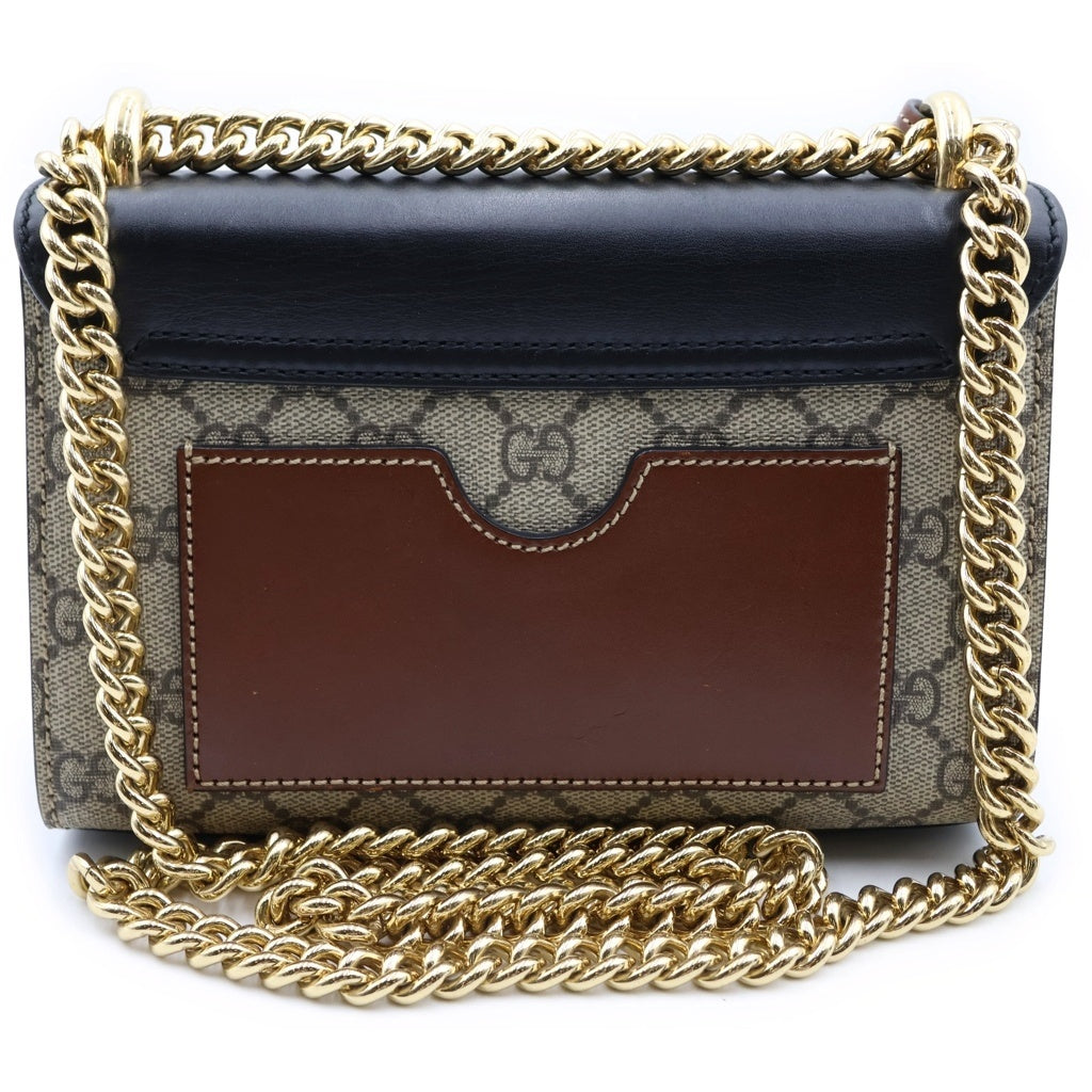 GUCCI(グッチ) GGスプリーム パドロック チェーンショルダーバッグ ブラック×ベージュ レザー×PVC 409487 ゴールド金具 レディース