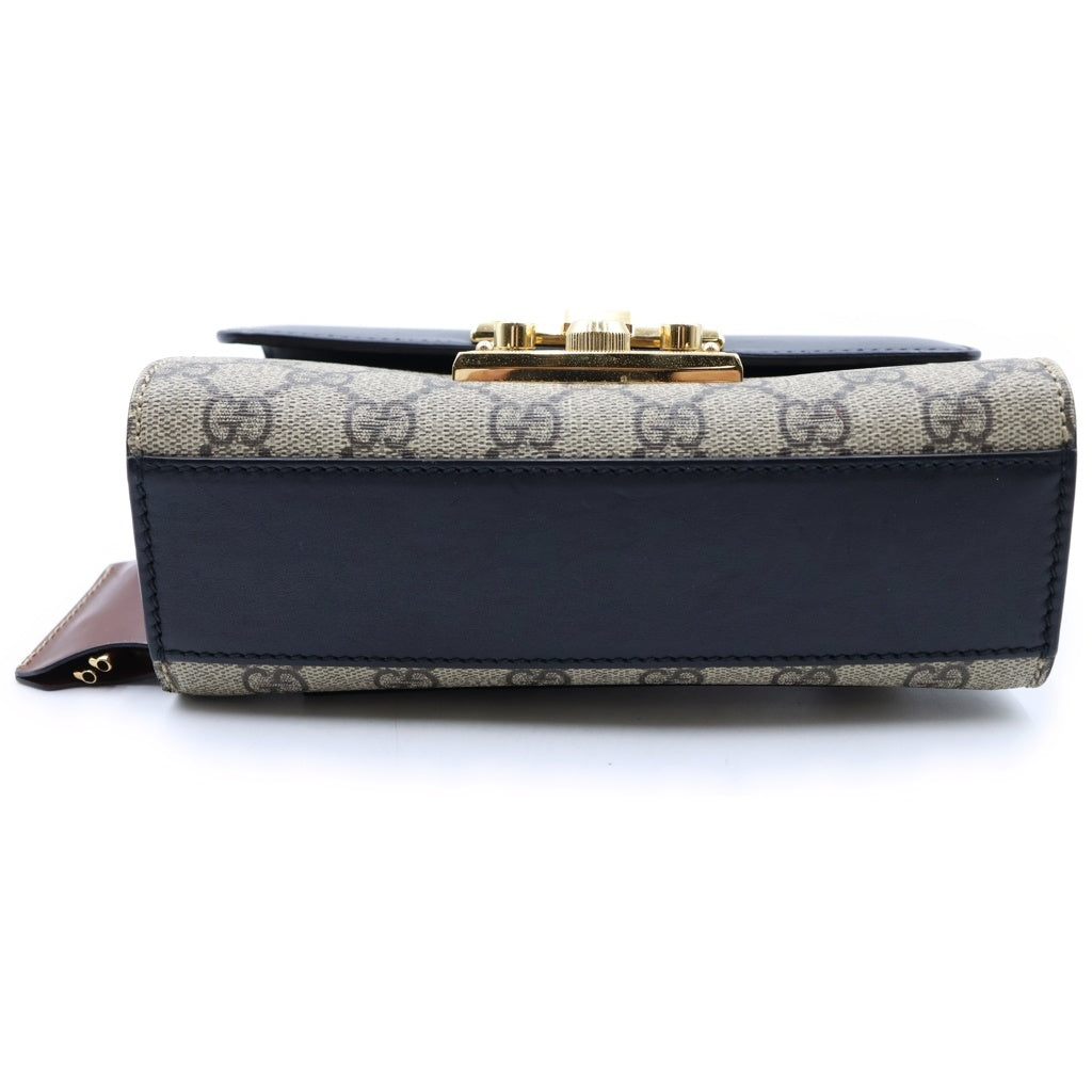 GUCCI(グッチ) GGスプリーム パドロック チェーンショルダーバッグ ブラック×ベージュ レザー×PVC 409487 ゴールド金具 レディース