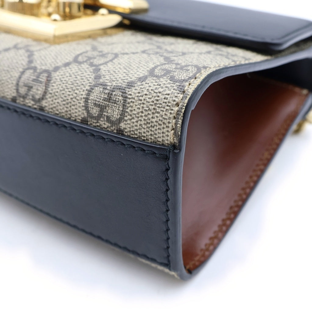 GUCCI(グッチ) GGスプリーム パドロック チェーンショルダーバッグ ブラック×ベージュ レザー×PVC 409487 ゴールド金具 レディース