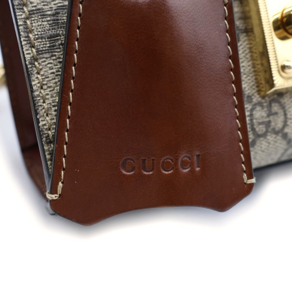 GUCCI(グッチ) GGスプリーム パドロック チェーンショルダーバッグ ブラック×ベージュ レザー×PVC 409487 ゴールド金具 レディース