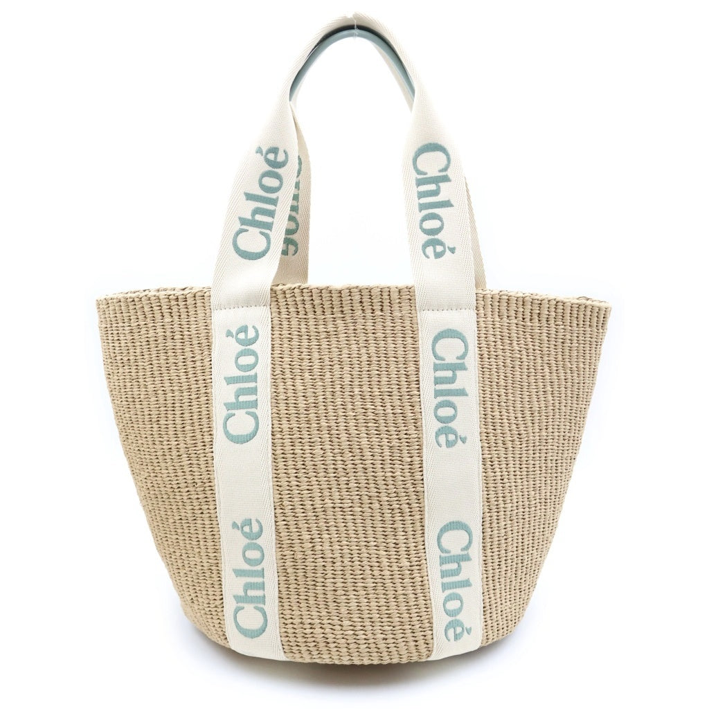 Chloe(クロエ) ×Mifuko ミフコ ウッディ フェアトレードペーパー キャンバス ラージバスケット トートバッグ ベージュ/グリーン レディース