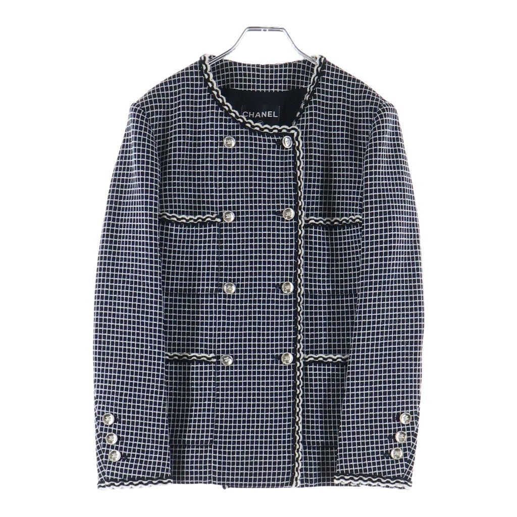 CHANEL(シャネル) ココマークボタン ラメツイード チェック総柄 ノーカラー ダブルブレスト ジャケット ブラック P78818V70743 レディース