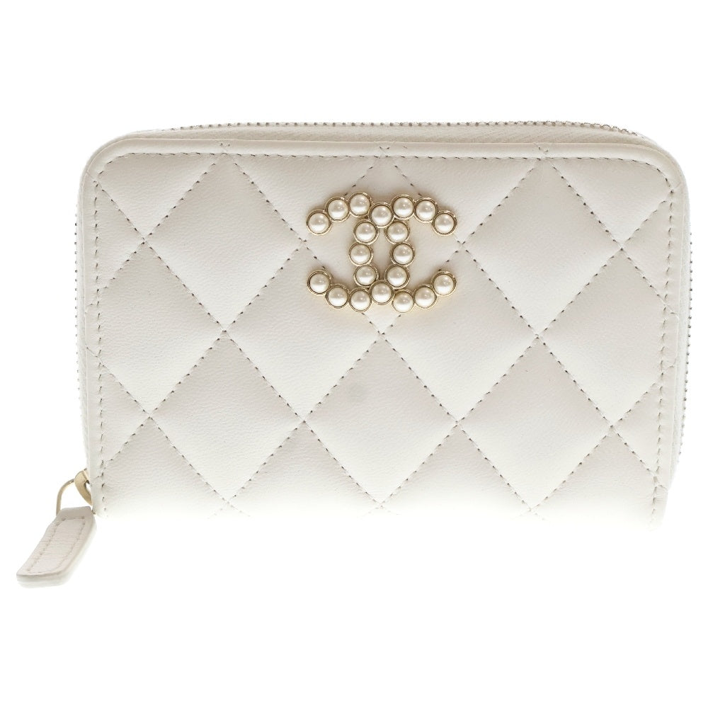 CHANEL(シャネル) マトラッセ COCOパール コインケース ホワイト レザー コンパクトウォレット 財布 ゴールド金具 AP3811