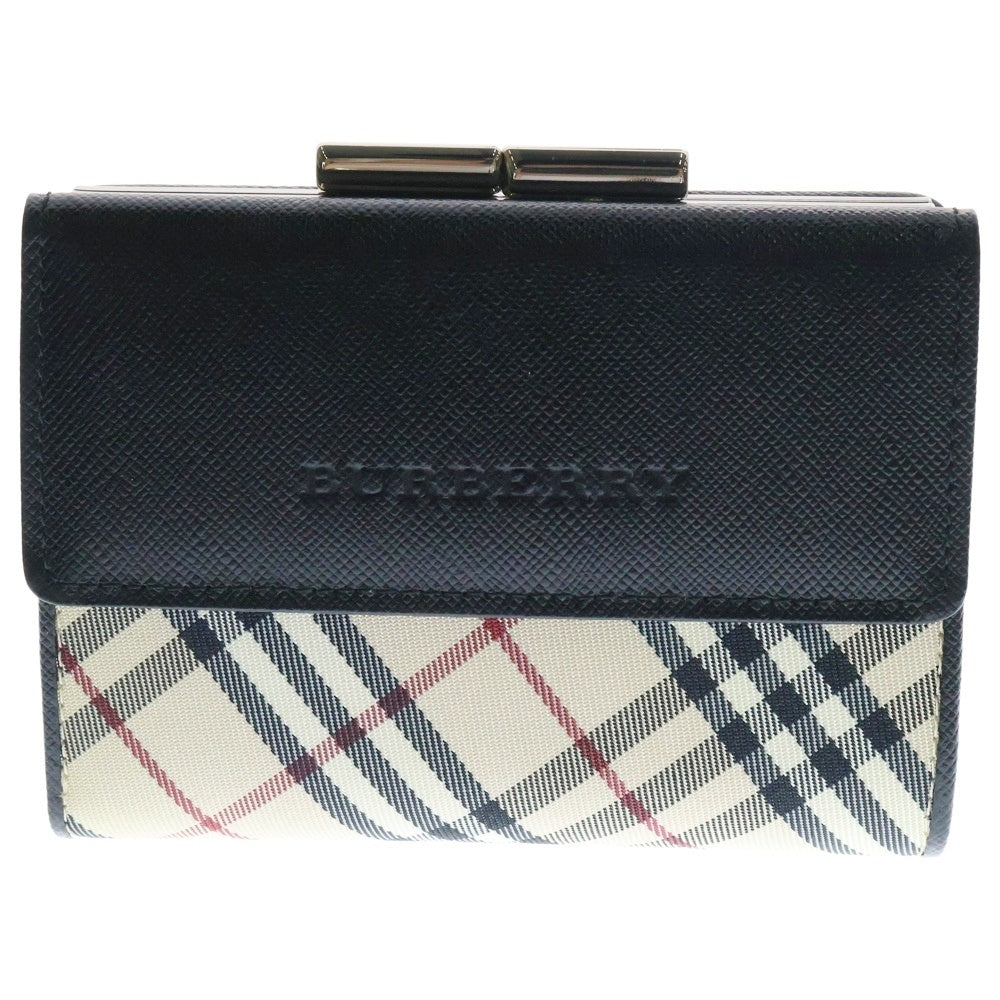 BURBERRY(バーバリー) がま口財布 三つ折り財布 コンパクトウォレット ブラック×ベージュ シルバー金具 レザー×ナイロン