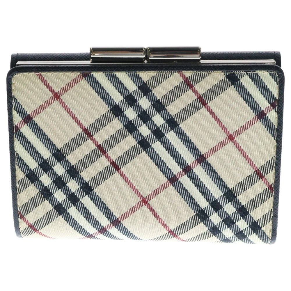 BURBERRY(バーバリー) がま口財布 三つ折り財布 コンパクトウォレット ブラック×ベージュ シルバー金具 レザー×ナイロン