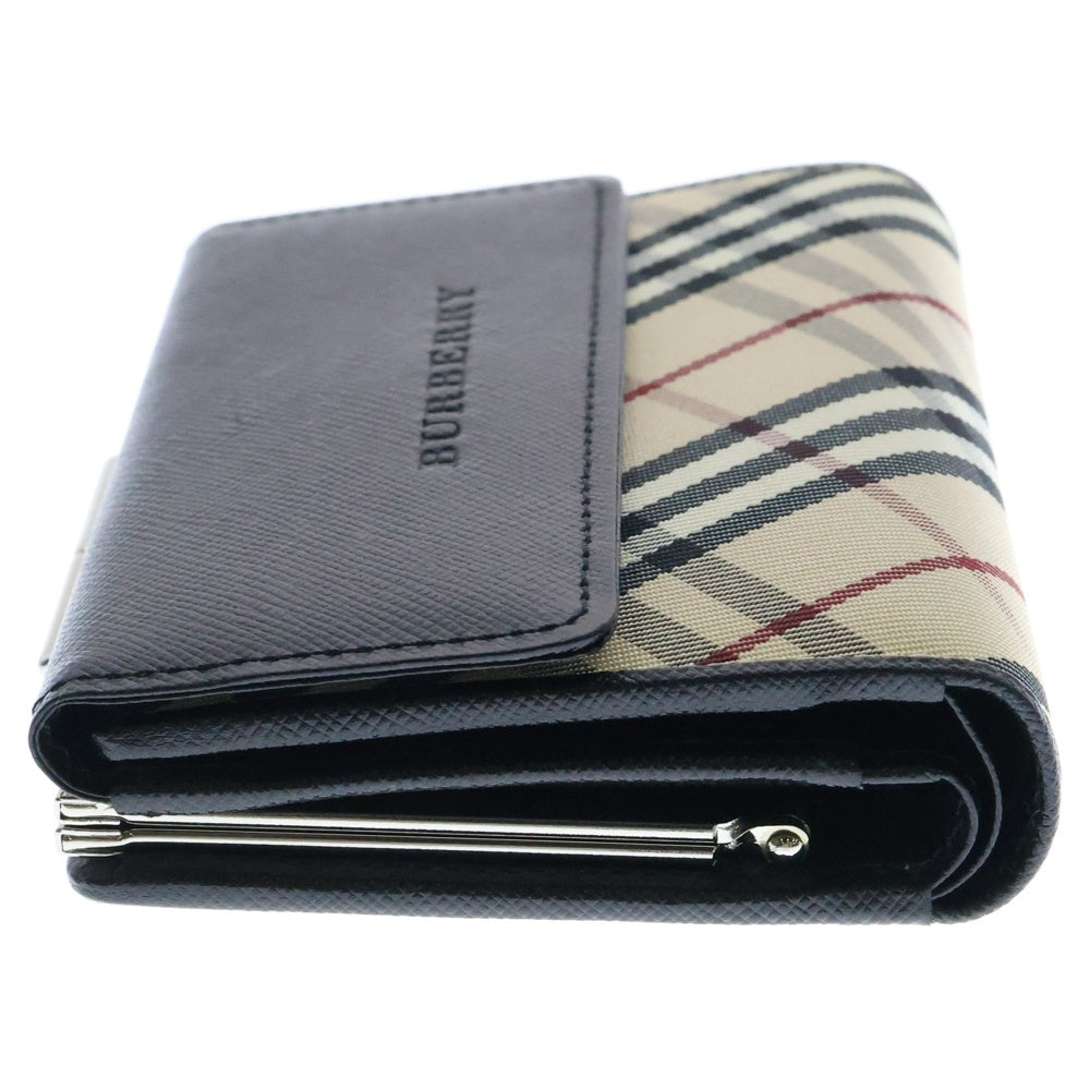 BURBERRY(バーバリー) がま口財布 三つ折り財布 コンパクトウォレット ブラック×ベージュ シルバー金具 レザー×ナイロン