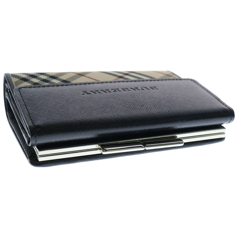 BURBERRY(バーバリー) がま口財布 三つ折り財布 コンパクトウォレット ブラック×ベージュ シルバー金具 レザー×ナイロン
