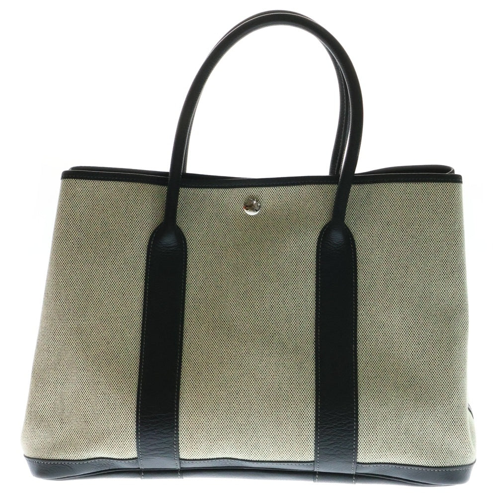 HERMES(エルメス) ガーデンパーティーGM レザー切替 キャンパスハンドバッグ ベージュ×ブラック レディース □P刻印