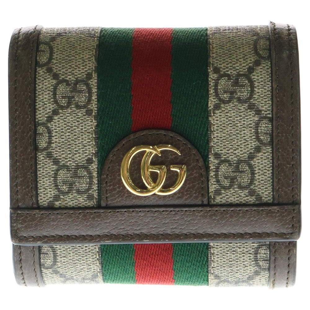 GUCCI(グッチ) オフィディア GGスプリーム ロゴプレート ウェブ シェリーライン レザー キャンバス コンパクトウォレット 二つ折り財布 ゴールド金具 ブラウン 598662