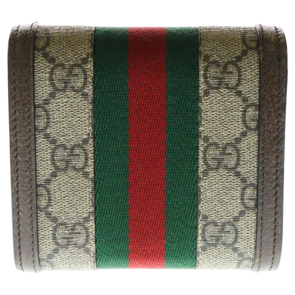 GUCCI(グッチ) オフィディア GGスプリーム ロゴプレート ウェブ シェリーライン レザー キャンバス コンパクトウォレット 二つ折り財布 ゴールド金具 ブラウン 598662
