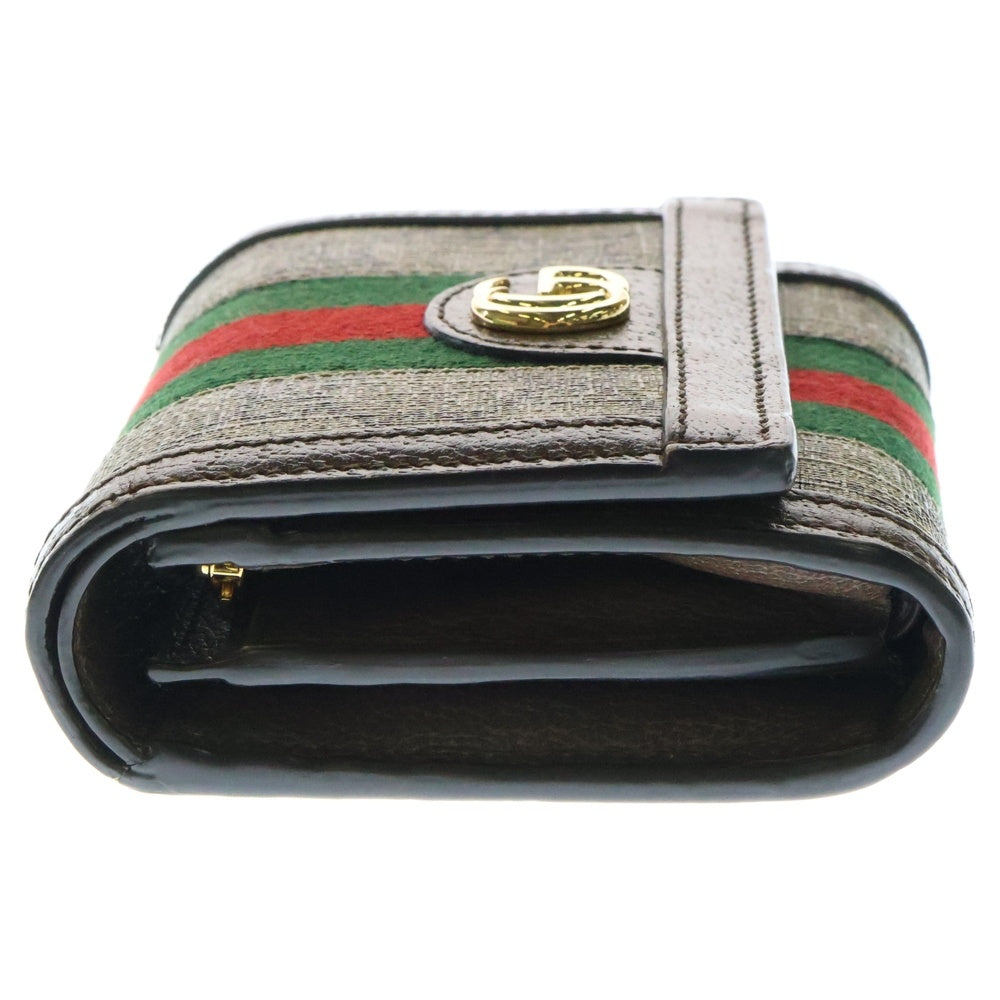 GUCCI(グッチ) オフィディア GGスプリーム ロゴプレート ウェブ シェリーライン レザー キャンバス コンパクトウォレット 二つ折り財布 ゴールド金具 ブラウン 598662