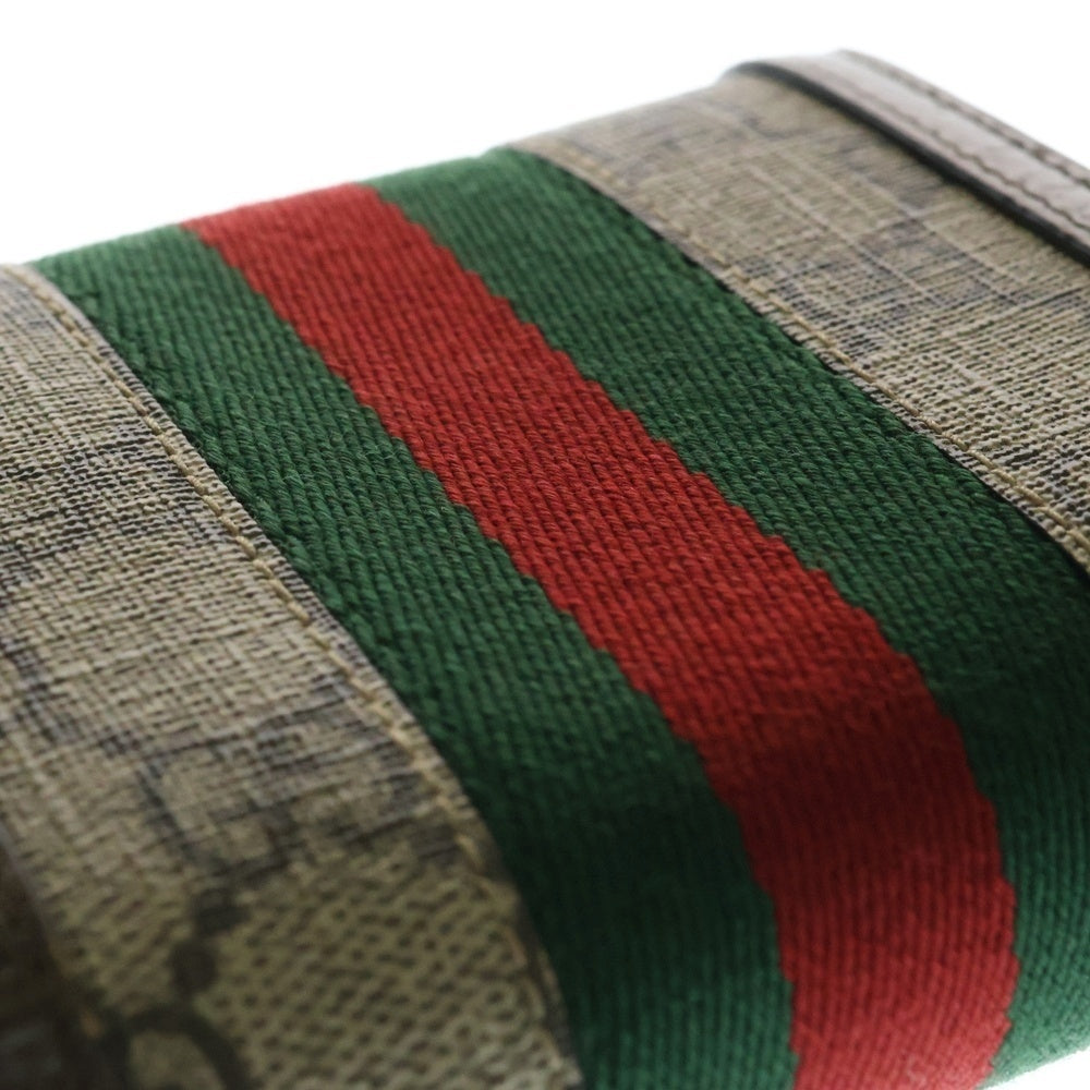 GUCCI(グッチ) オフィディア GGスプリーム ロゴプレート ウェブ シェリーライン レザー キャンバス コンパクトウォレット 二つ折り財布 ゴールド金具 ブラウン 598662