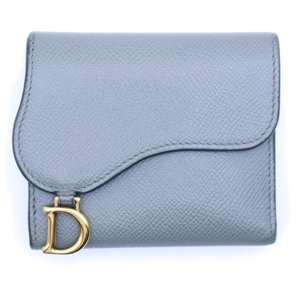 Christian Dior(クリスチャンディオール) サドル コンパクトウォレット コインケース 3つ折り財布 グレー レザー ゴールド金具