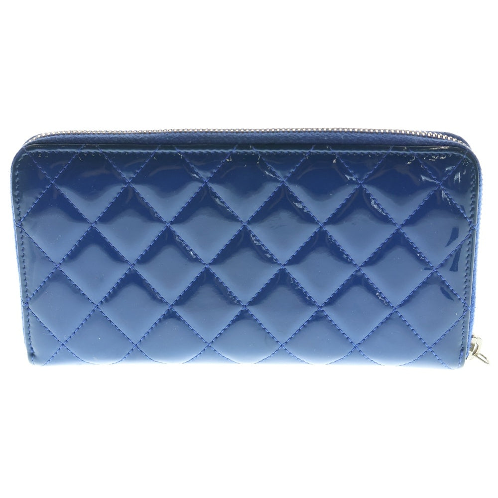 CHANEL(シャネル) ココマーク ブリリアント キルティング ラウンドファスナー長財布 ロングウォレット カードケース ブルー パテントレザー シルバー金具