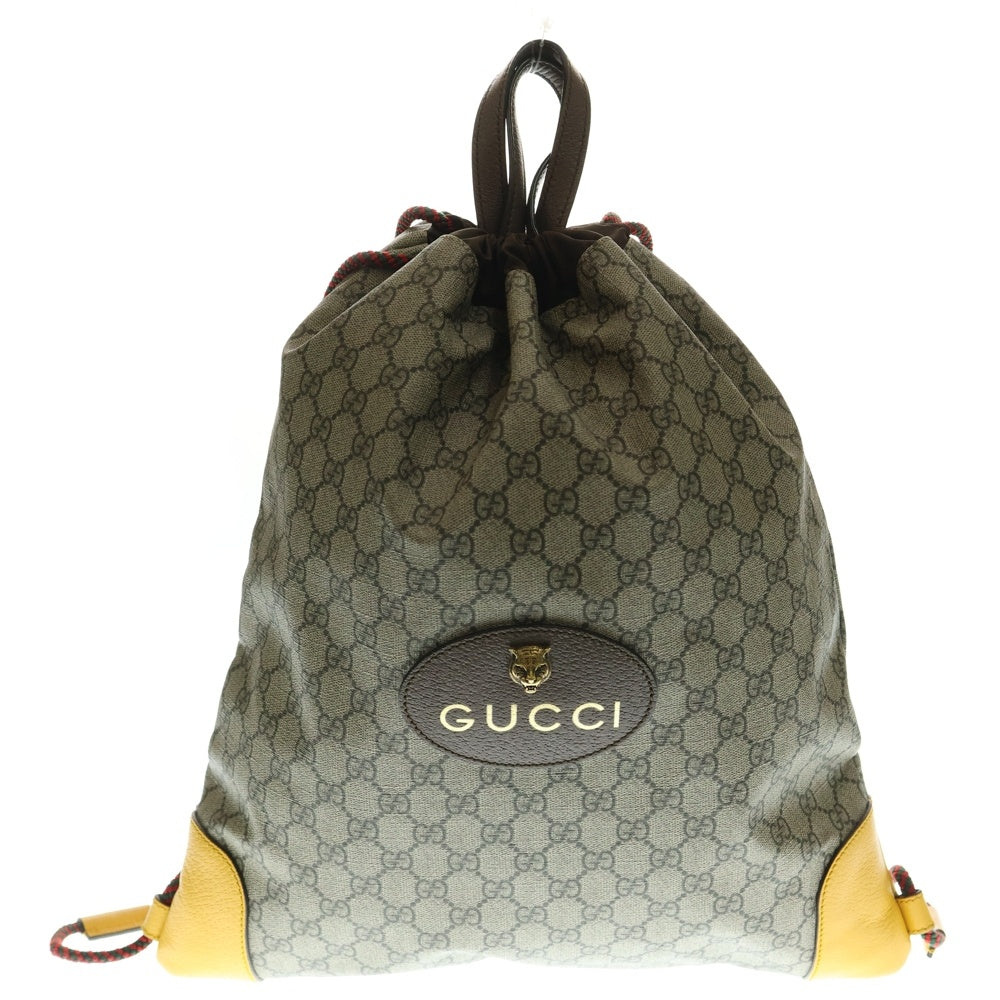 GUCCI(グッチ) GGスプリーム レザーロゴパッチ キャットヘッド PVC ドローストリング ナップザック リュックサック バックパック ベージュ/ブラウン 473872