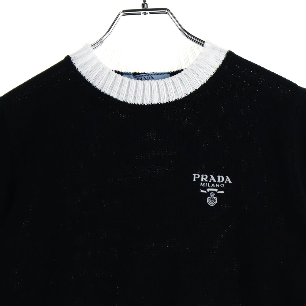 PRADA(プラダ) ロゴ クロップド半袖ニット セーター ブラック×ホワイト